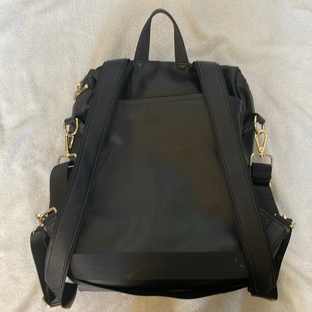 Vegan black leather diaper bag & leopard pouch